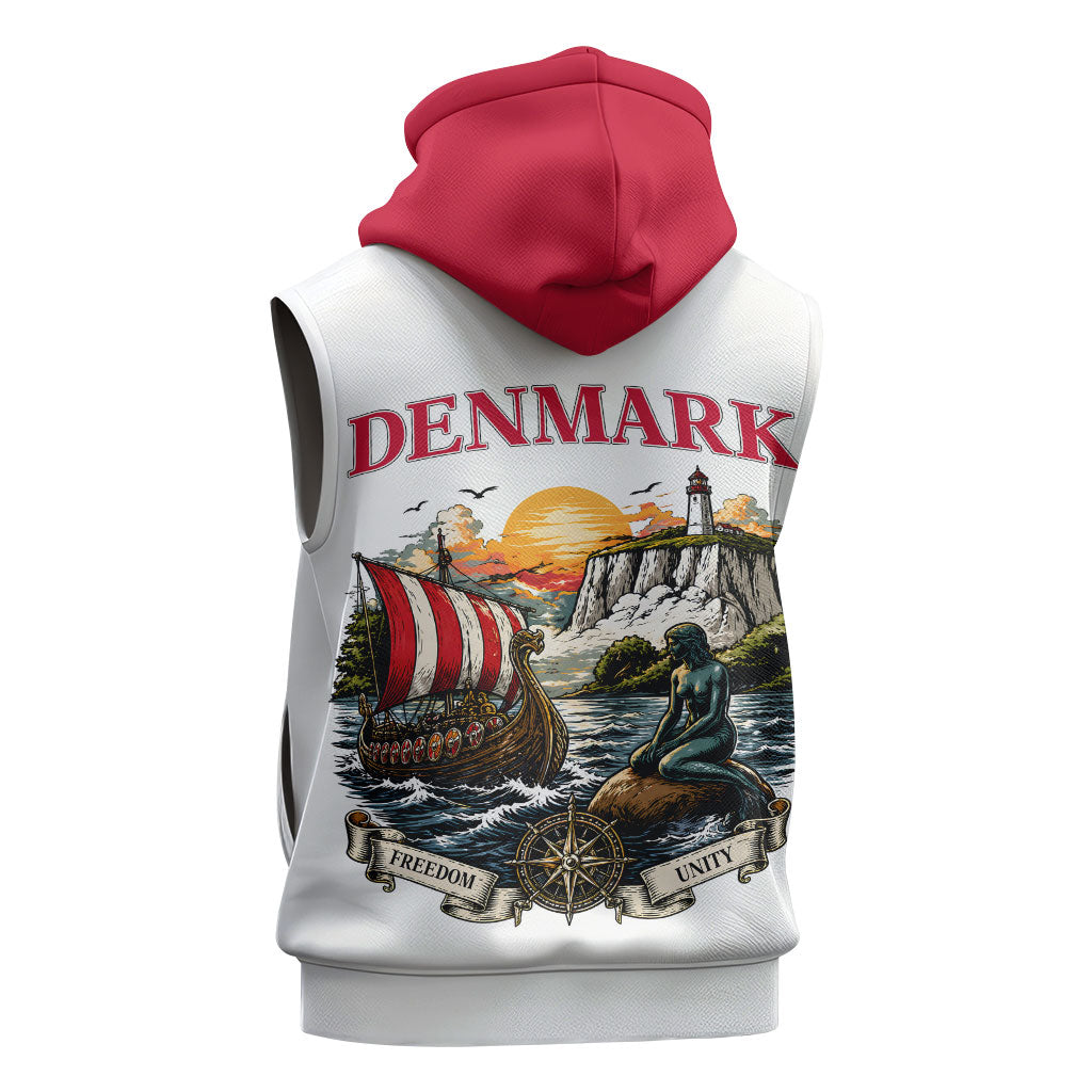 Denmark Kongeriget Heritage Sleeveless Hoodie Vintage Viking Ship And Nyhavn Scenic Illustration