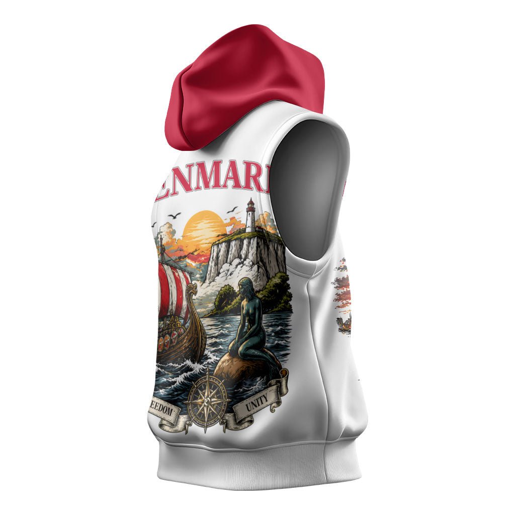 Denmark Kongeriget Heritage Sleeveless Hoodie Vintage Viking Ship And Nyhavn Scenic Illustration