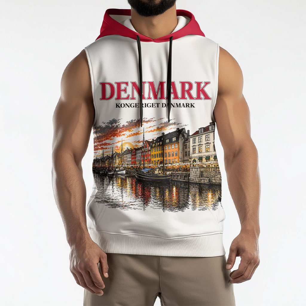 Denmark Kongeriget Heritage Sleeveless Hoodie Vintage Viking Ship And Nyhavn Scenic Illustration