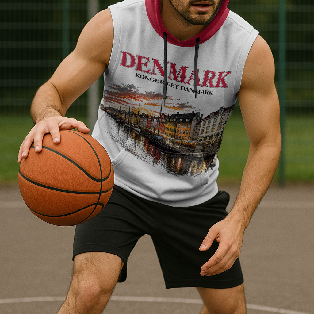 Denmark Kongeriget Heritage Sleeveless Hoodie Vintage Viking Ship And Nyhavn Scenic Illustration