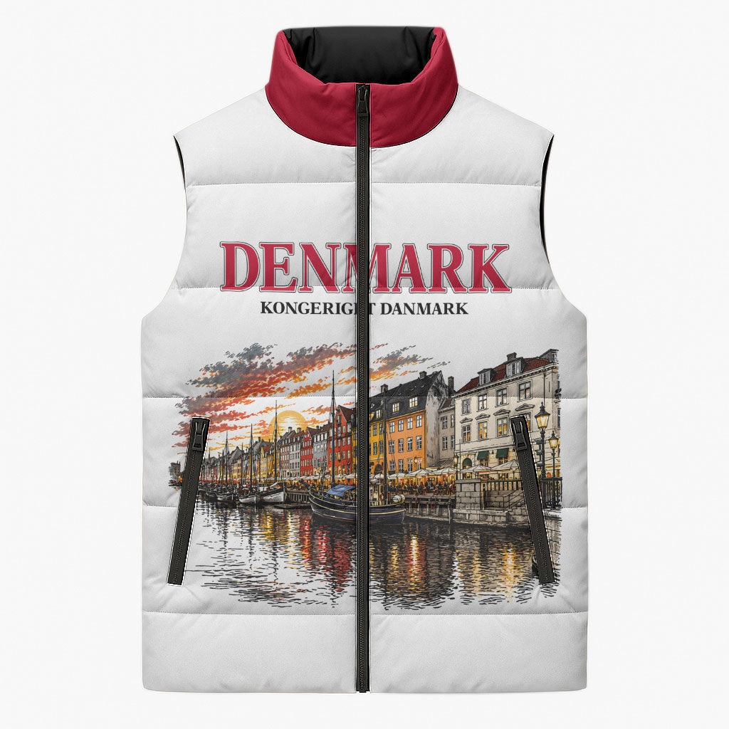 Denmark Kongeriget Heritage Sleeveless Puffer Jacket Vintage Viking Ship And Nyhavn Scenic Illustration