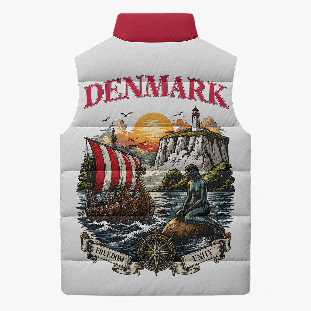 Denmark Kongeriget Heritage Sleeveless Puffer Jacket Vintage Viking Ship And Nyhavn Scenic Illustration