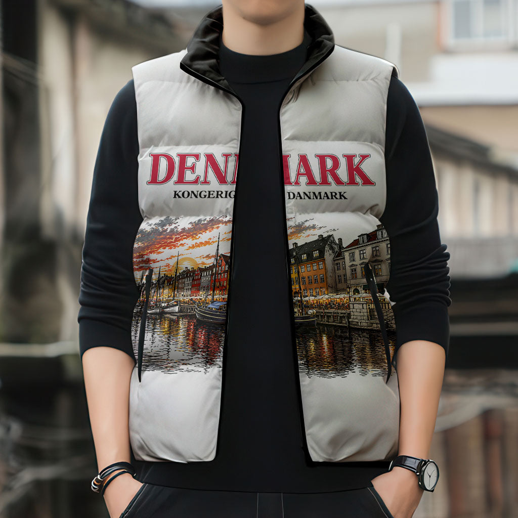 Denmark Kongeriget Heritage Sleeveless Puffer Jacket Vintage Viking Ship And Nyhavn Scenic Illustration