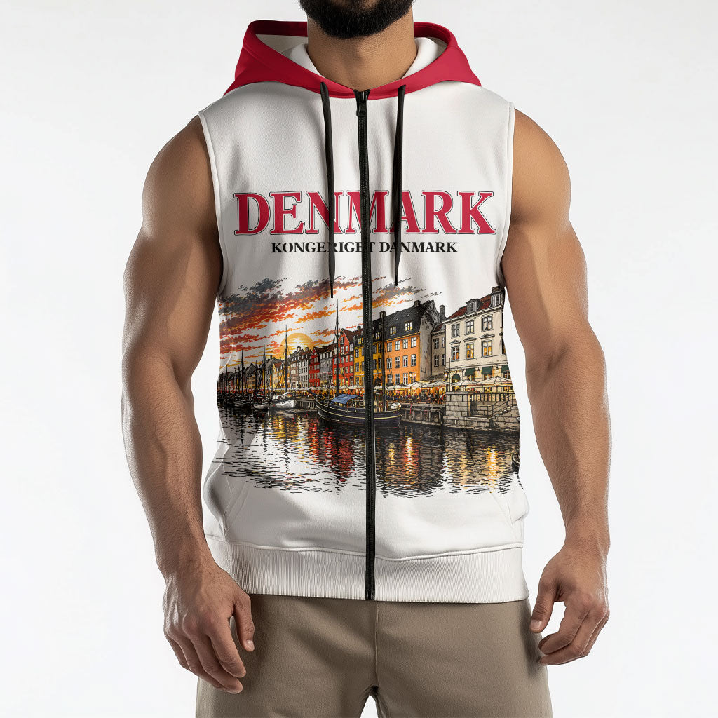 Denmark Kongeriget Heritage Sleeveless Zip Hoodie Vintage Viking Ship And Nyhavn Scenic Illustration