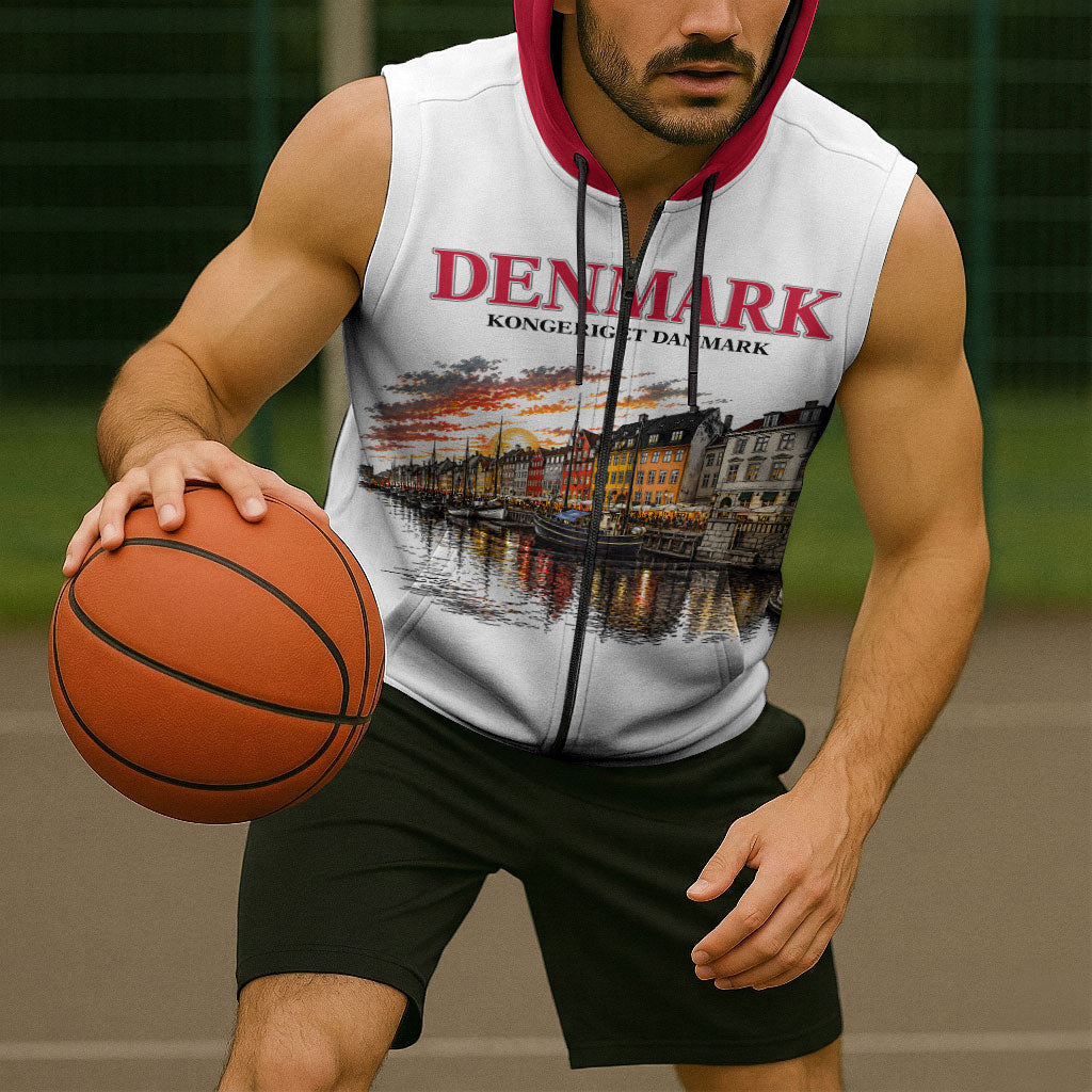 Denmark Kongeriget Heritage Sleeveless Zip Hoodie Vintage Viking Ship And Nyhavn Scenic Illustration