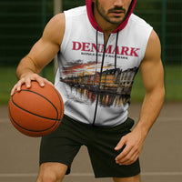 Denmark Kongeriget Heritage Sleeveless Zip Hoodie Vintage Viking Ship And Nyhavn Scenic Illustration