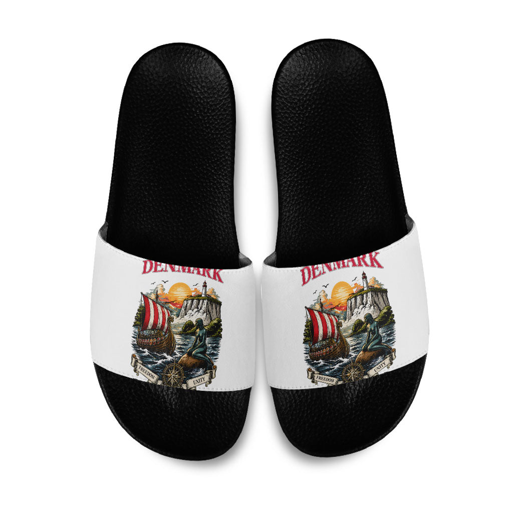 Denmark Kongeriget Heritage Slide Sandals Vintage Viking Ship And Nyhavn Scenic Illustration