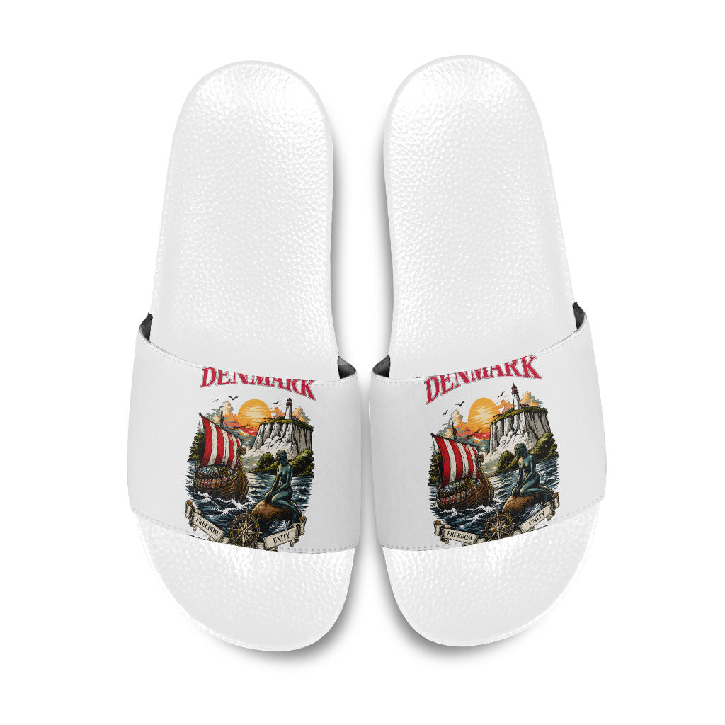 Denmark Kongeriget Heritage Slide Sandals Vintage Viking Ship And Nyhavn Scenic Illustration