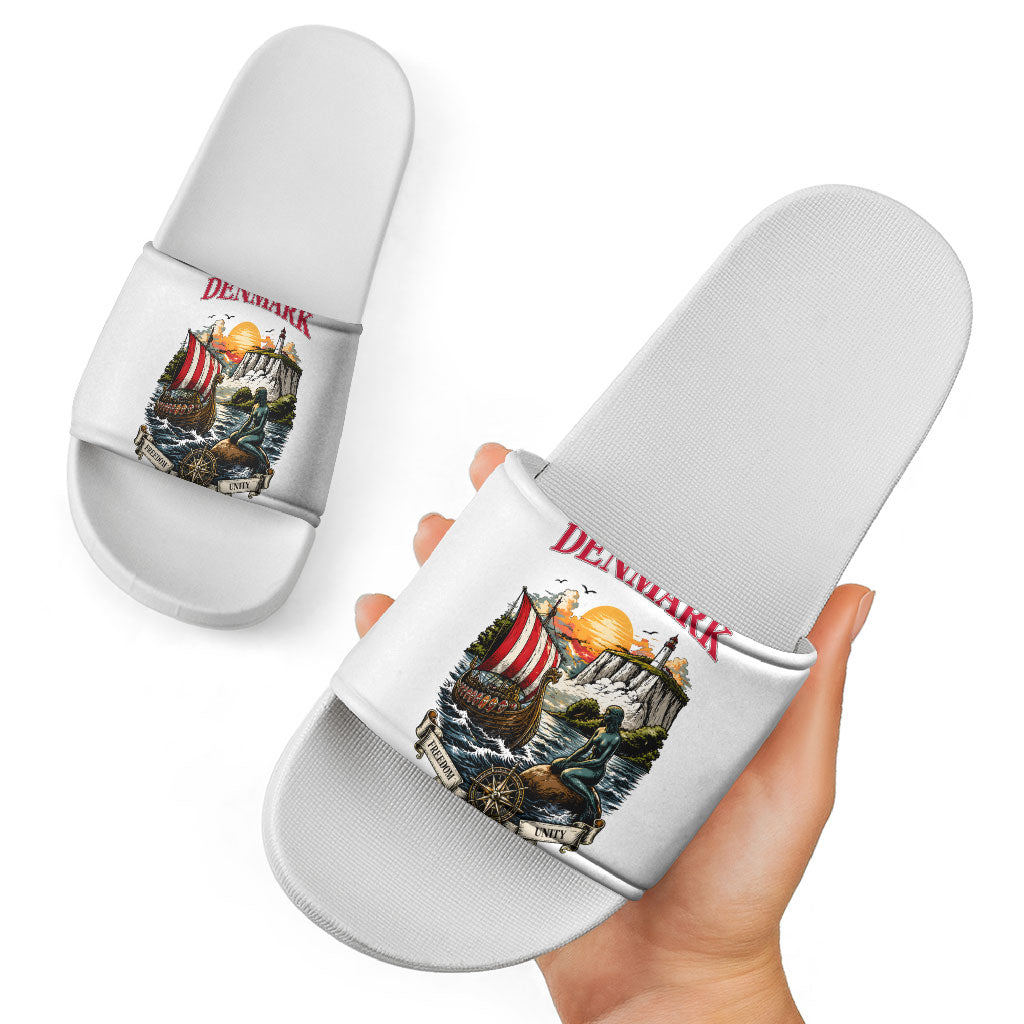 Denmark Kongeriget Heritage Slide Sandals Vintage Viking Ship And Nyhavn Scenic Illustration