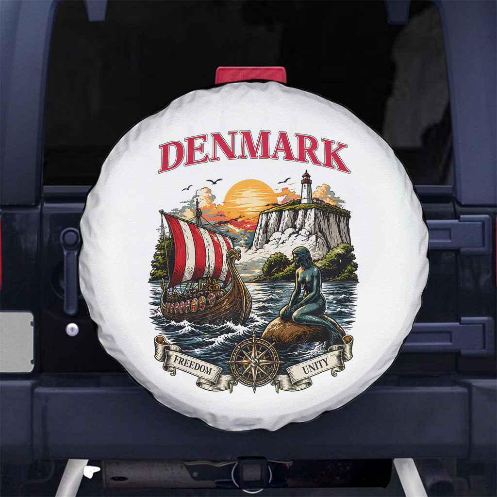 Denmark Kongeriget Heritage Spare Tire Cover Vintage Viking Ship And Nyhavn Scenic Illustration