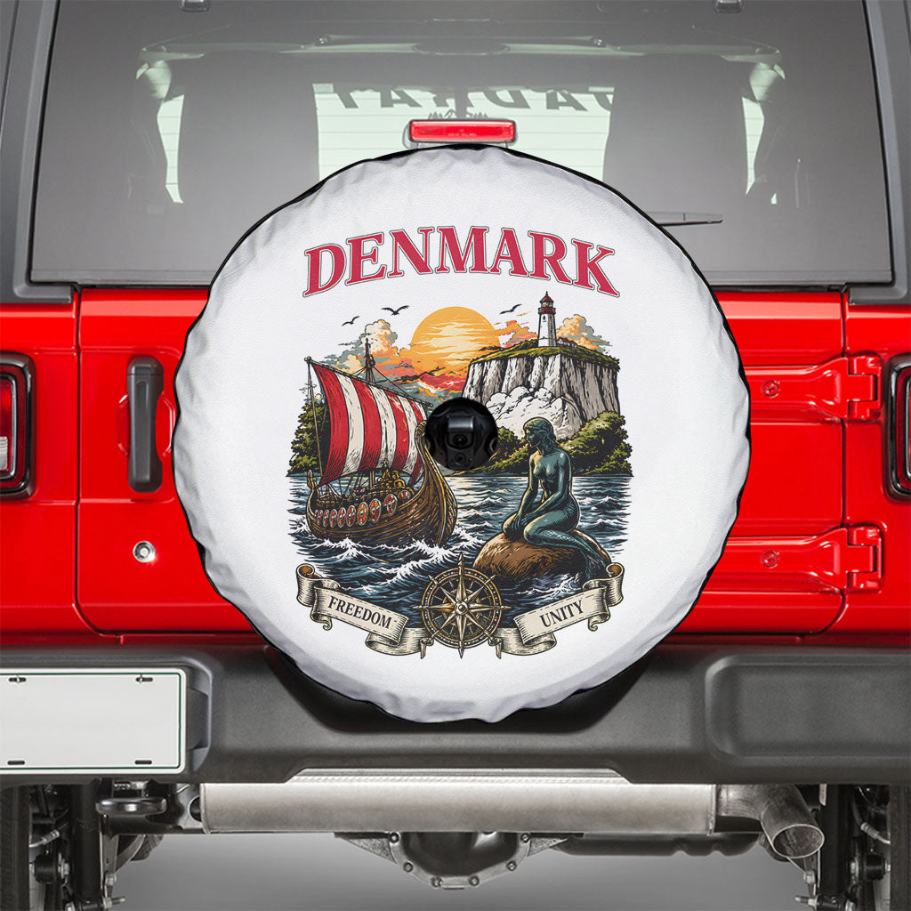 Denmark Kongeriget Heritage Spare Tire Cover Vintage Viking Ship And Nyhavn Scenic Illustration