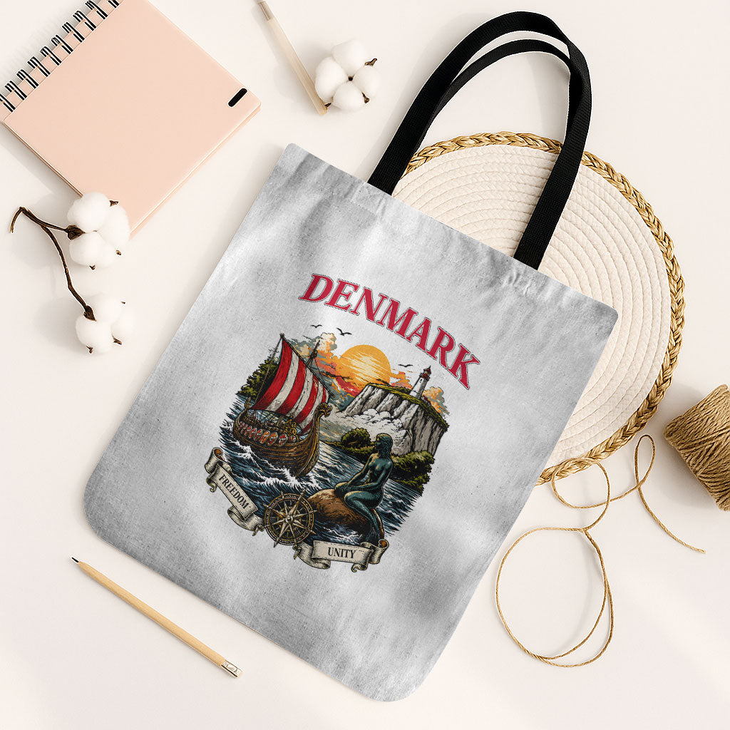 Denmark Kongeriget Heritage Tote Bag Vintage Viking Ship And Nyhavn Scenic Illustration