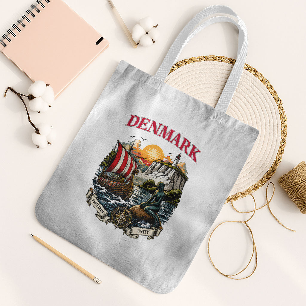Denmark Kongeriget Heritage Tote Bag Vintage Viking Ship And Nyhavn Scenic Illustration