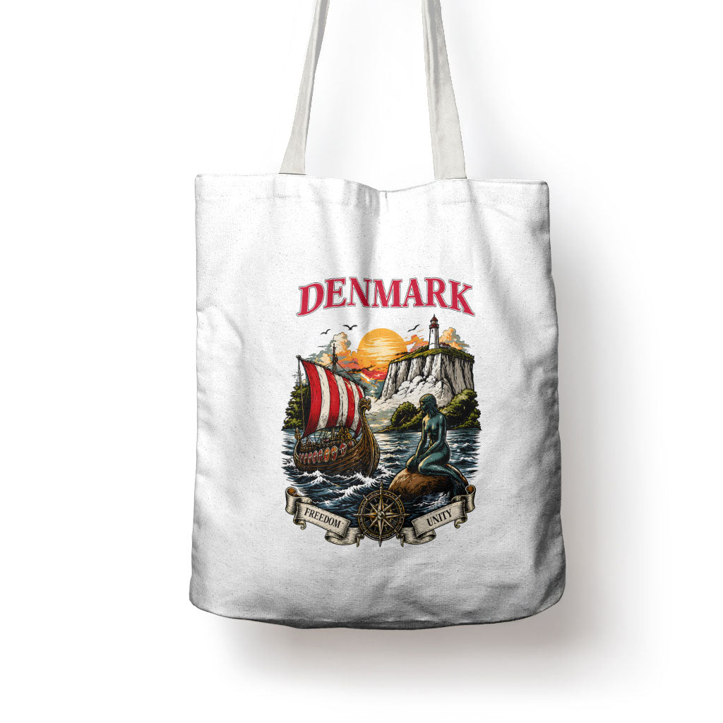 Denmark Kongeriget Heritage Tote Bag Vintage Viking Ship And Nyhavn Scenic Illustration