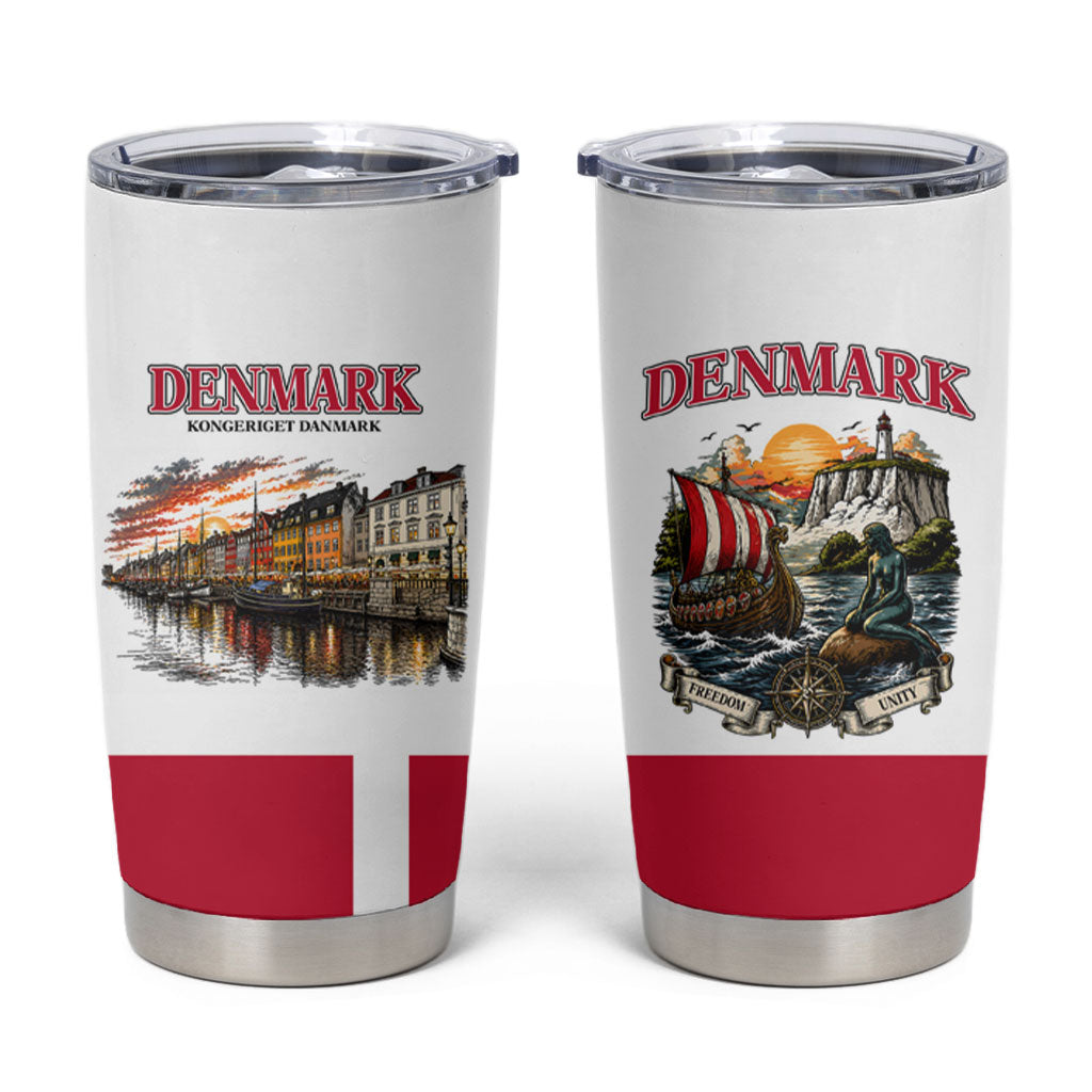 Denmark Kongeriget Heritage Tumbler Cup Vintage Viking Ship And Nyhavn Scenic Illustration