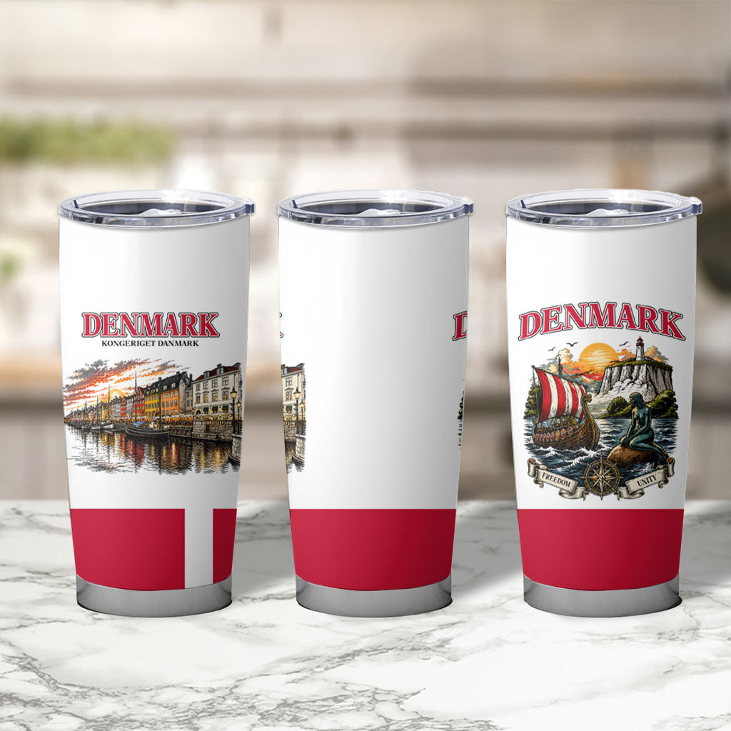 Denmark Kongeriget Heritage Tumbler Cup Vintage Viking Ship And Nyhavn Scenic Illustration