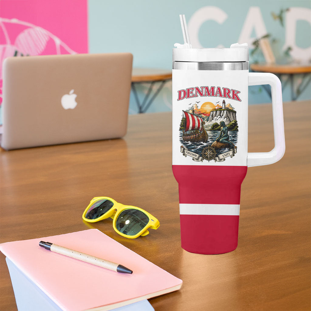 Denmark Kongeriget Heritage Tumbler With Handle Vintage Viking Ship And Nyhavn Scenic Illustration