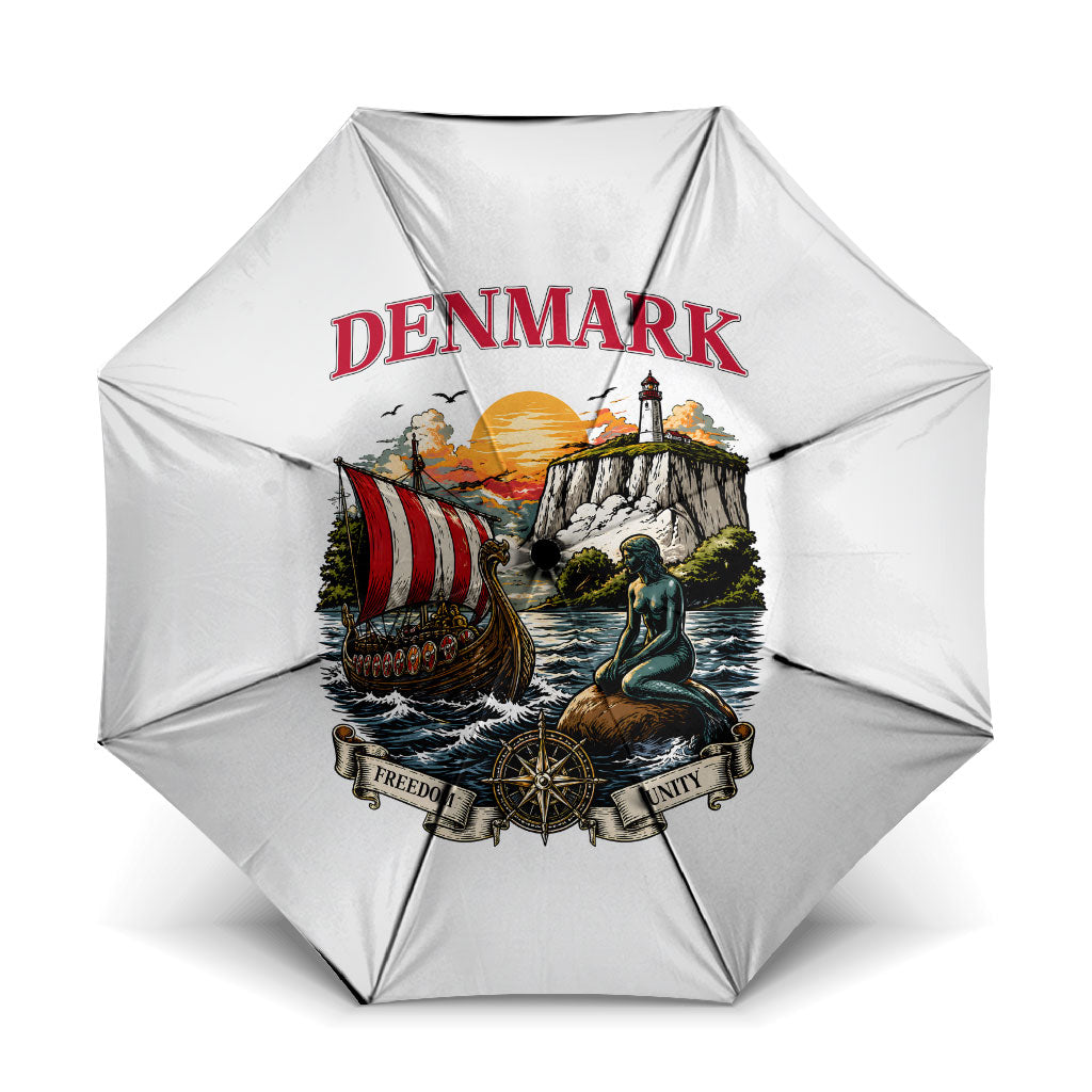 Denmark Kongeriget Heritage Umbrella Vintage Viking Ship And Nyhavn Scenic Illustration