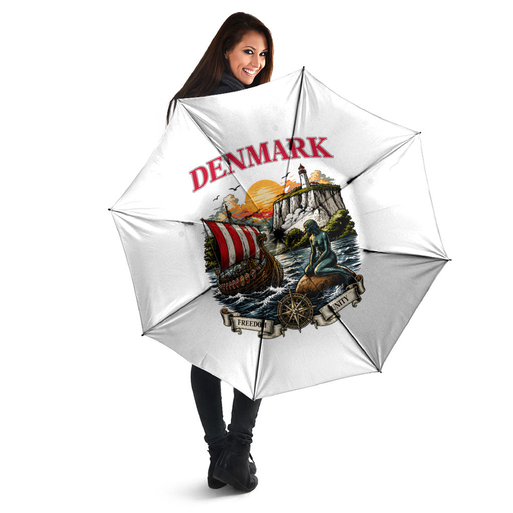 Denmark Kongeriget Heritage Umbrella Vintage Viking Ship And Nyhavn Scenic Illustration
