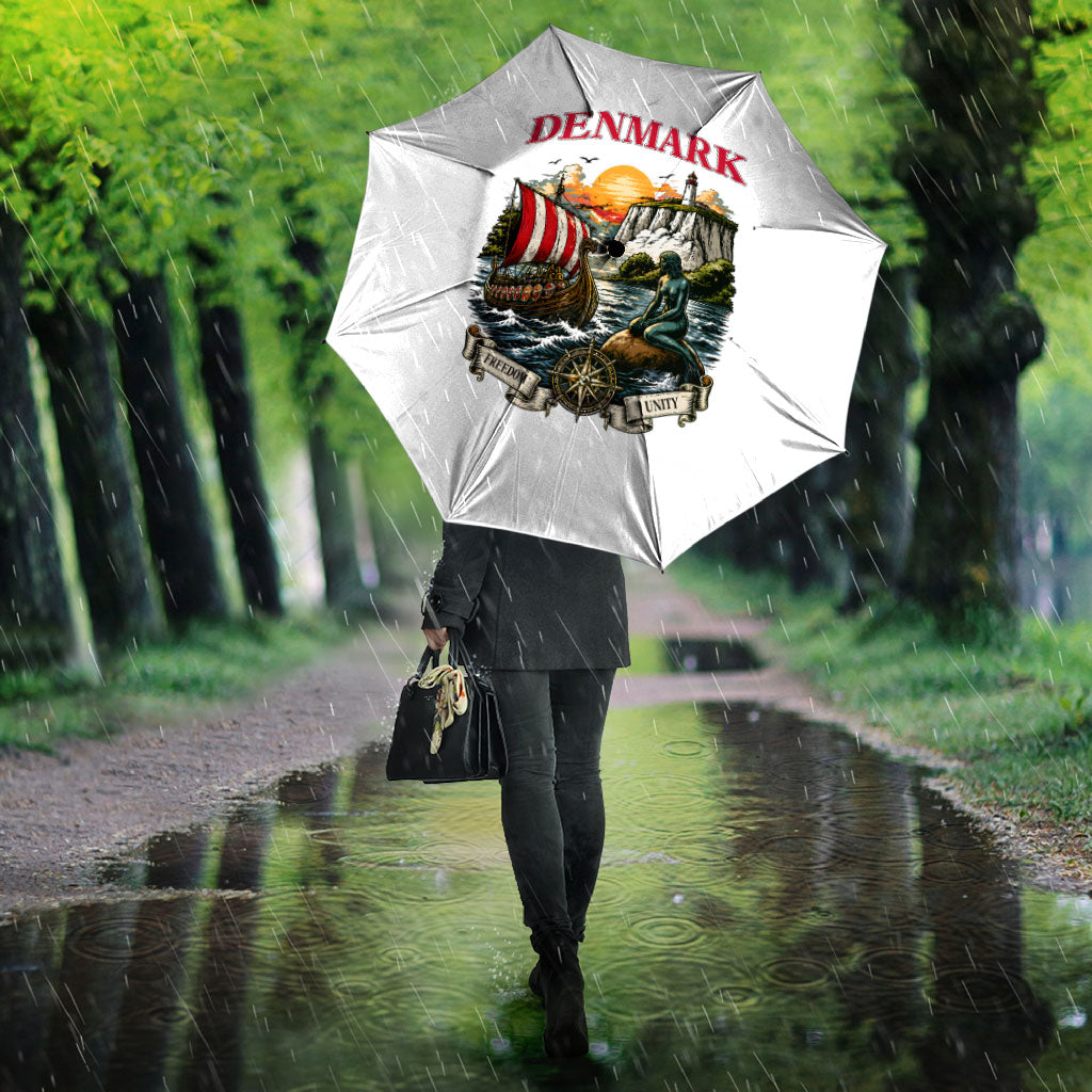 Denmark Kongeriget Heritage Umbrella Vintage Viking Ship And Nyhavn Scenic Illustration