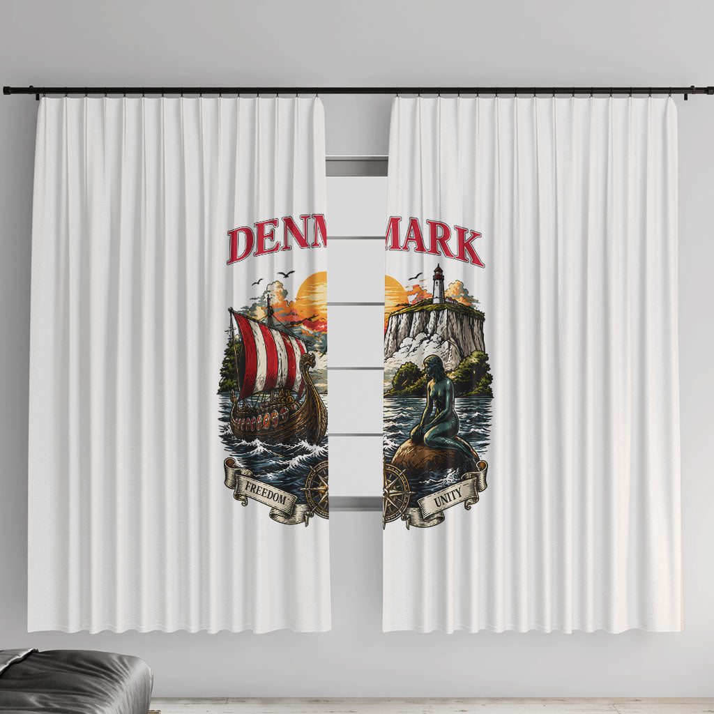 Denmark Kongeriget Heritage Window Curtain Vintage Viking Ship And Nyhavn Scenic Illustration
