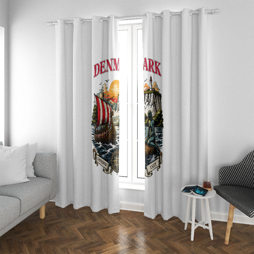 Denmark Kongeriget Heritage Window Curtain Vintage Viking Ship And Nyhavn Scenic Illustration