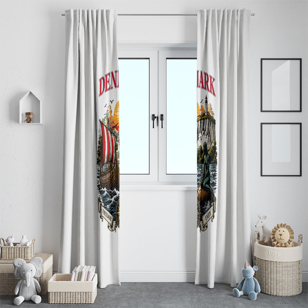 Denmark Kongeriget Heritage Window Curtain Vintage Viking Ship And Nyhavn Scenic Illustration