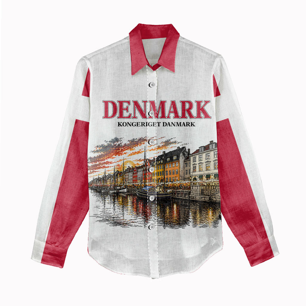 Denmark Kongeriget Heritage Women Casual Shirt Vintage Viking Ship And Nyhavn Scenic Illustration