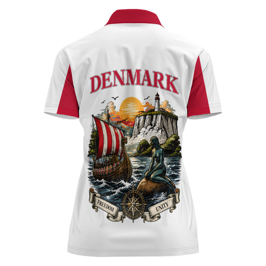 Denmark Kongeriget Heritage Women Polo Shirt Vintage Viking Ship And Nyhavn Scenic Illustration