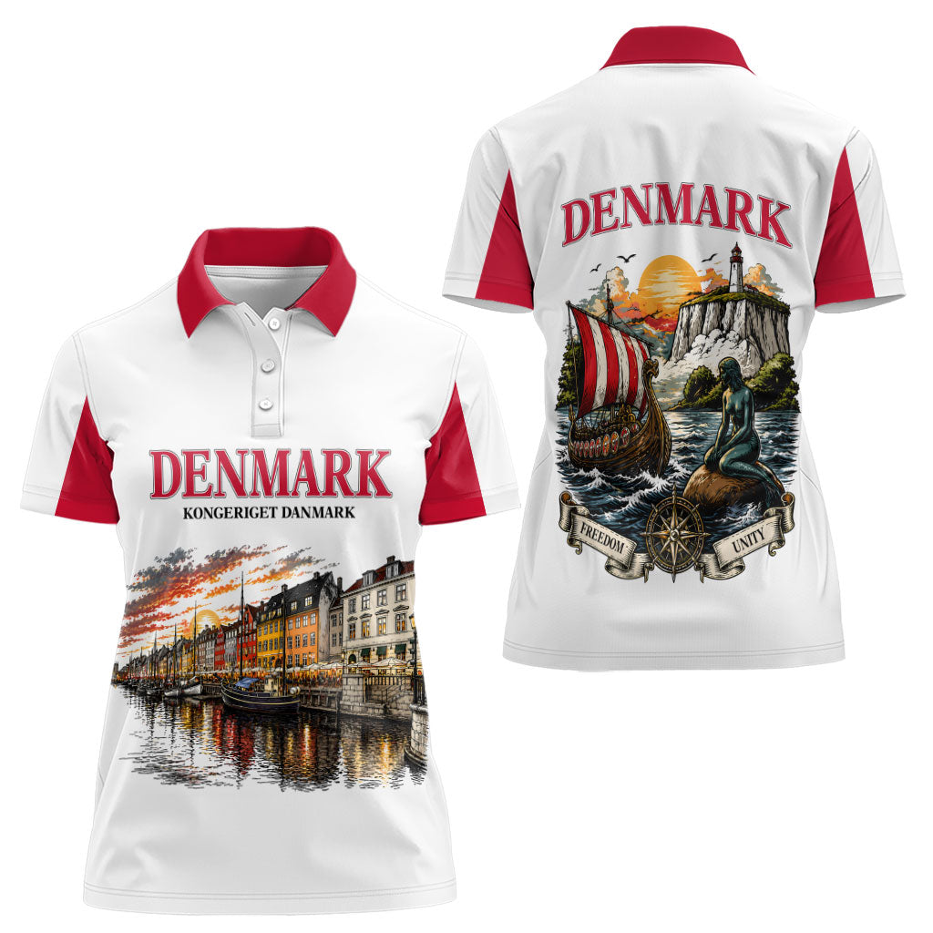 Denmark Kongeriget Heritage Women Polo Shirt Vintage Viking Ship And Nyhavn Scenic Illustration