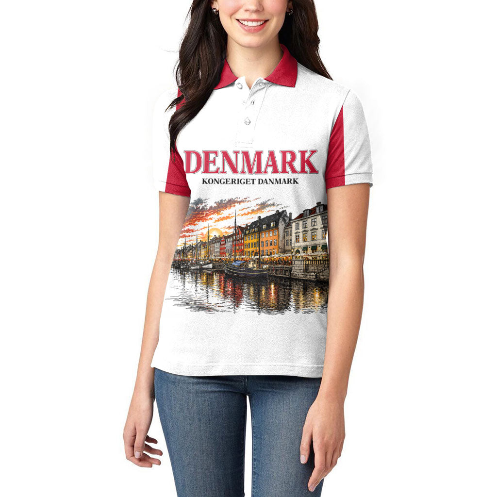 Denmark Kongeriget Heritage Women Polo Shirt Vintage Viking Ship And Nyhavn Scenic Illustration