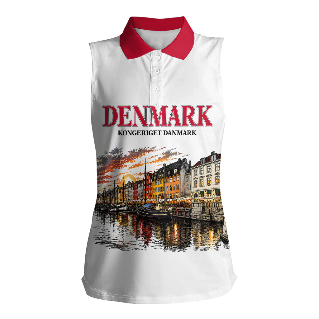 Denmark Kongeriget Heritage Women Sleeveless Polo Shirt Vintage Viking Ship And Nyhavn Scenic Illustration