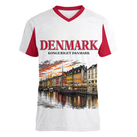 Denmark Kongeriget Heritage Women V-Neck T-Shirt Vintage Viking Ship And Nyhavn Scenic Illustration