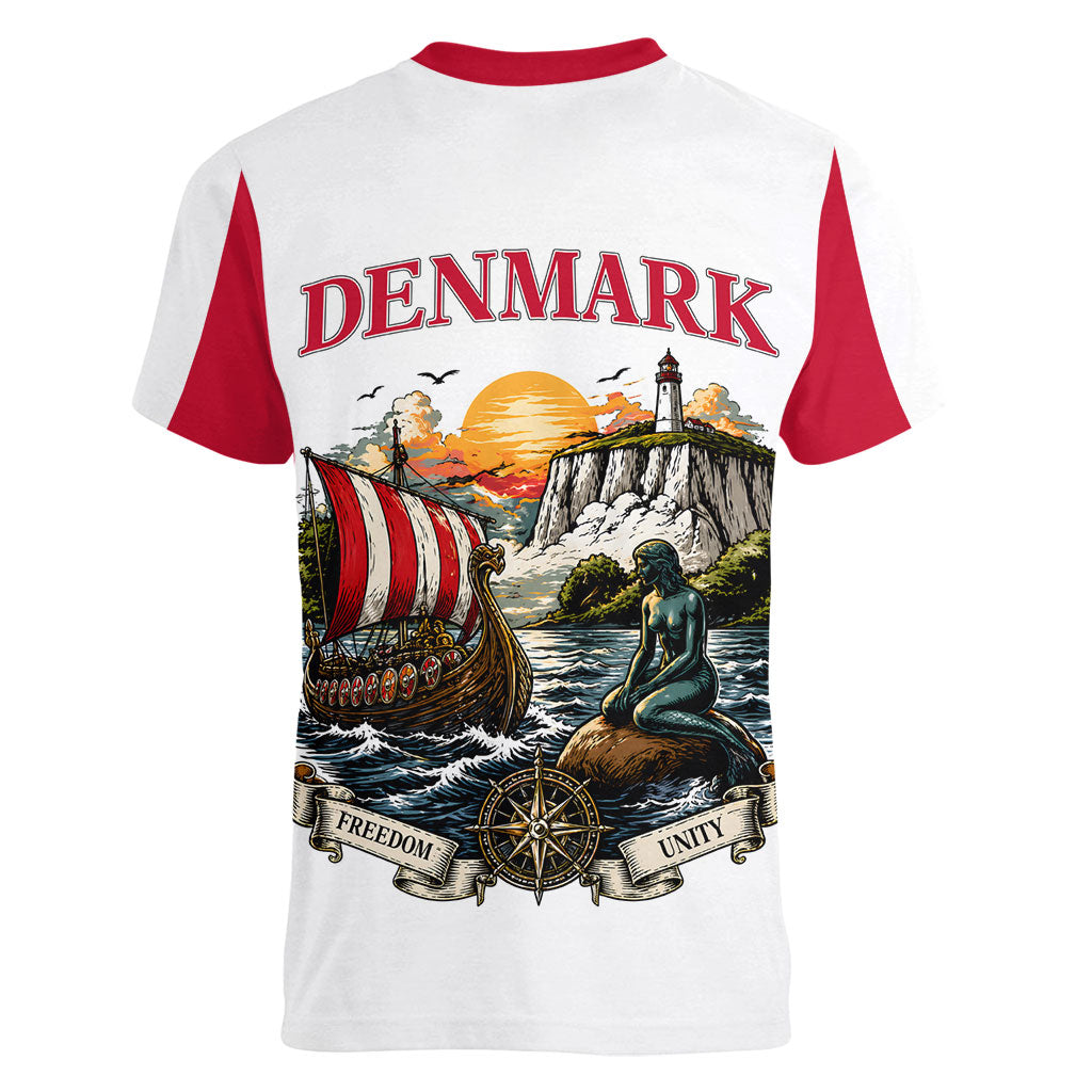 Denmark Kongeriget Heritage Women V-Neck T-Shirt Vintage Viking Ship And Nyhavn Scenic Illustration
