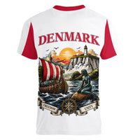 Denmark Kongeriget Heritage Women V-Neck T-Shirt Vintage Viking Ship And Nyhavn Scenic Illustration