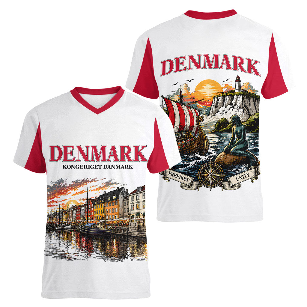 Denmark Kongeriget Heritage Women V-Neck T-Shirt Vintage Viking Ship And Nyhavn Scenic Illustration