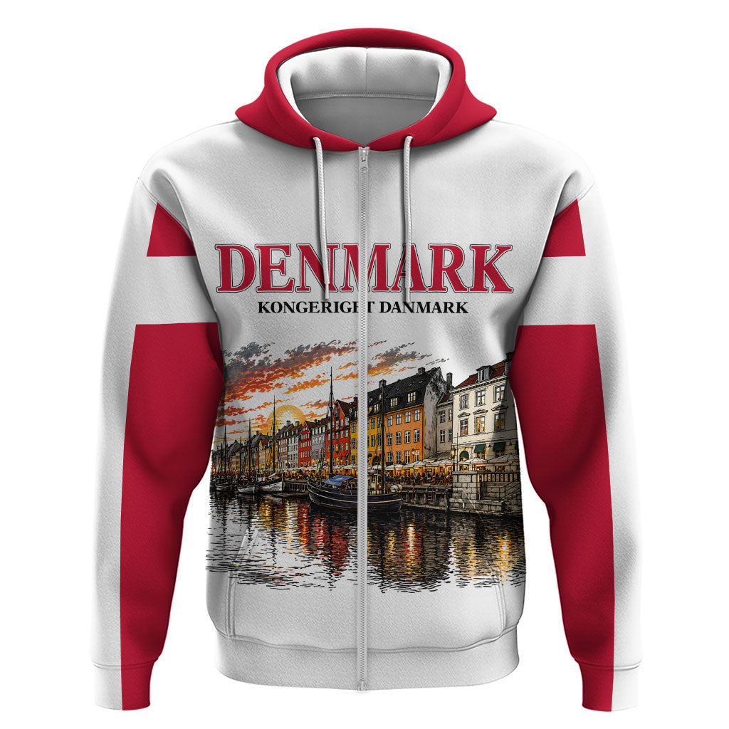 Denmark Kongeriget Heritage Zip Hoodie Vintage Viking Ship And Nyhavn Scenic Illustration