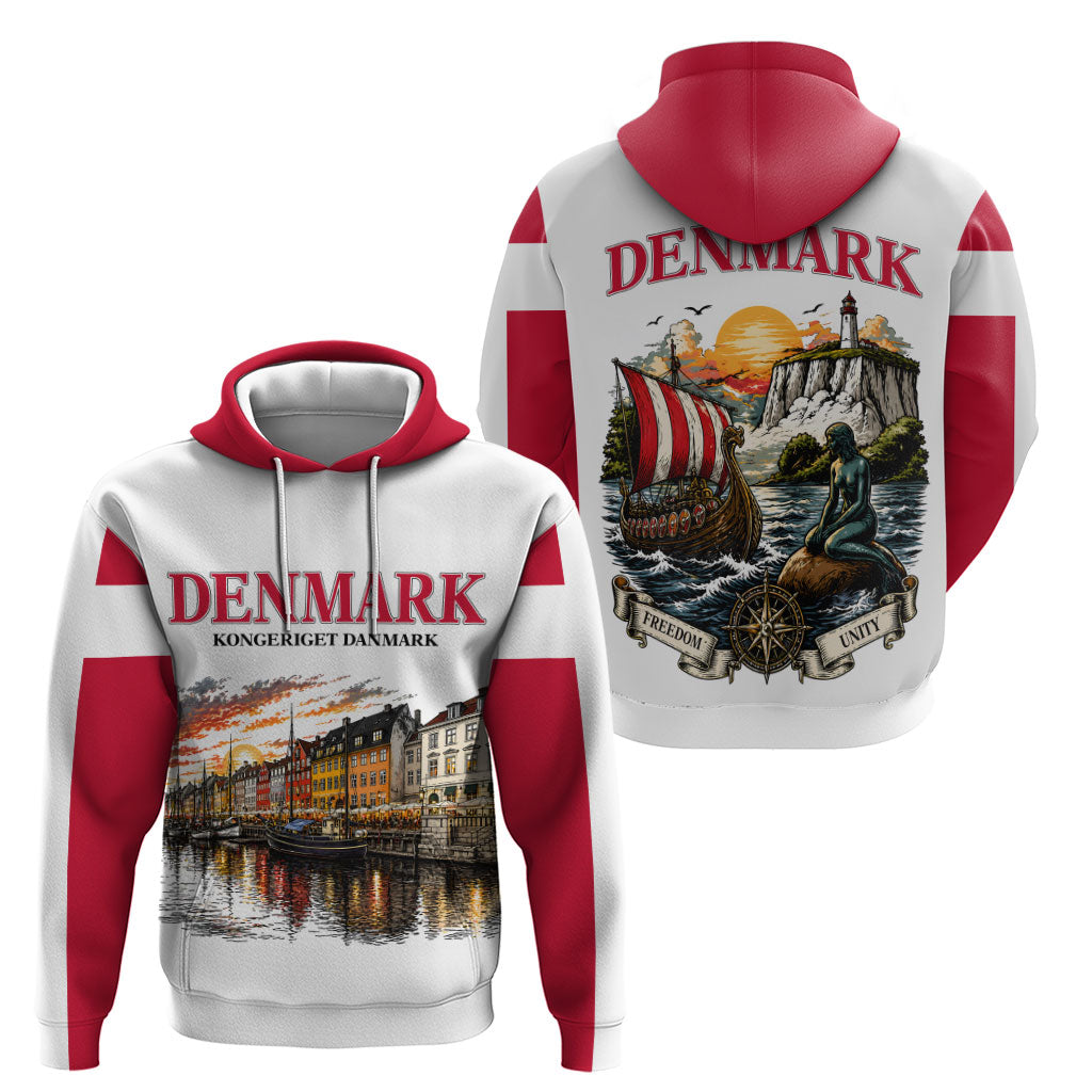 Denmark Kongeriget Heritage Zip Hoodie Vintage Viking Ship And Nyhavn Scenic Illustration