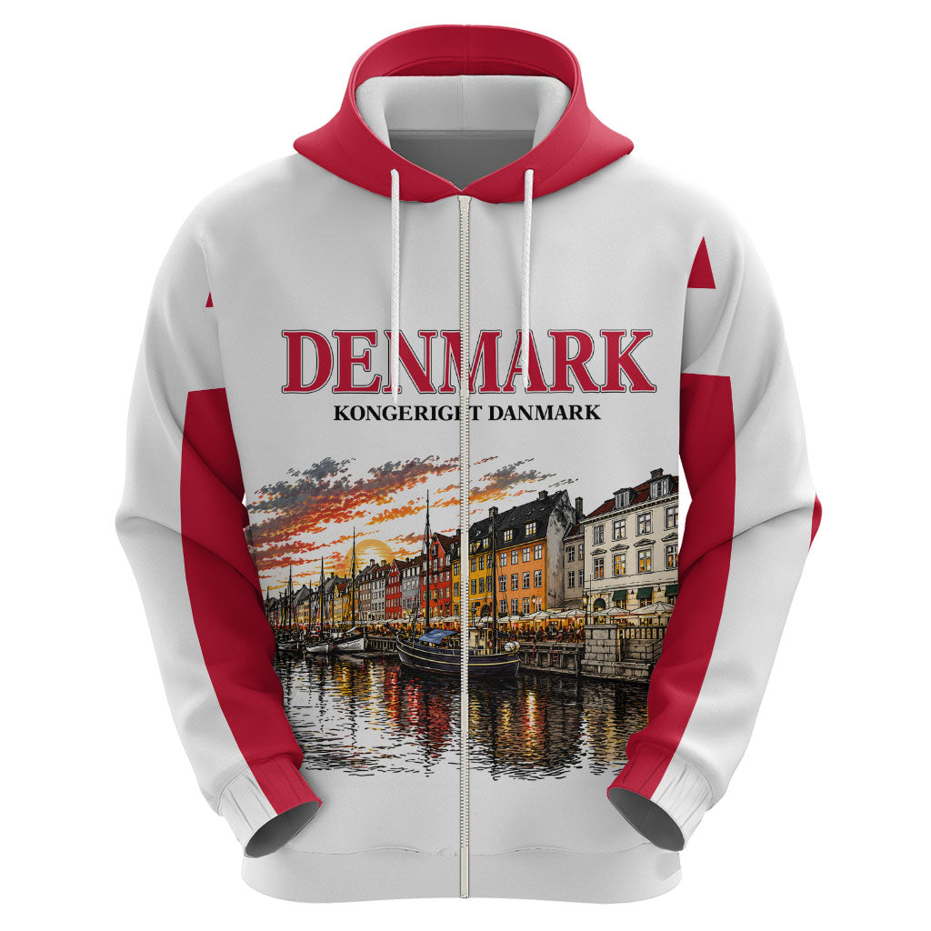 Denmark Kongeriget Heritage Zip Hoodie Vintage Viking Ship And Nyhavn Scenic Illustration