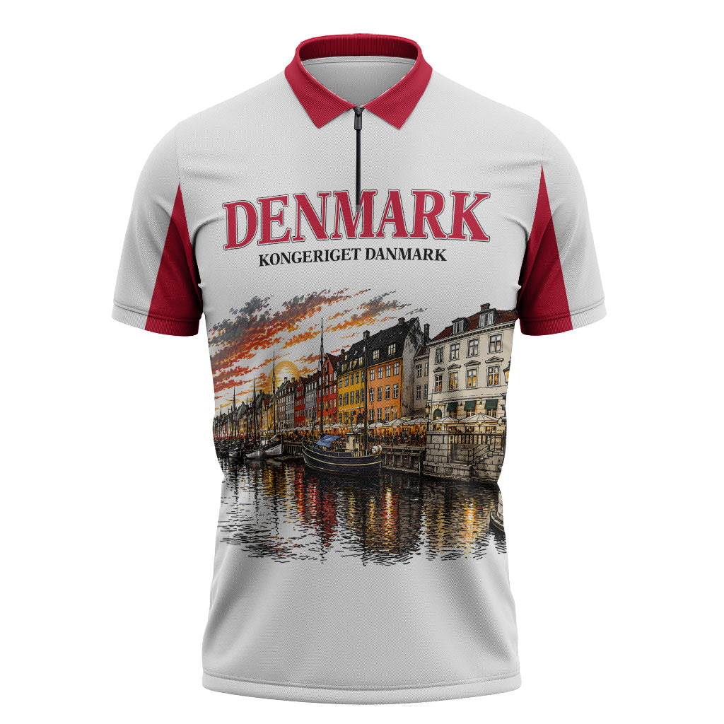 Denmark Kongeriget Heritage Zipper Polo Shirt Vintage Viking Ship And Nyhavn Scenic Illustration
