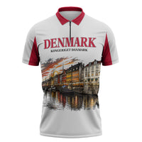 Denmark Kongeriget Heritage Zipper Polo Shirt Vintage Viking Ship And Nyhavn Scenic Illustration
