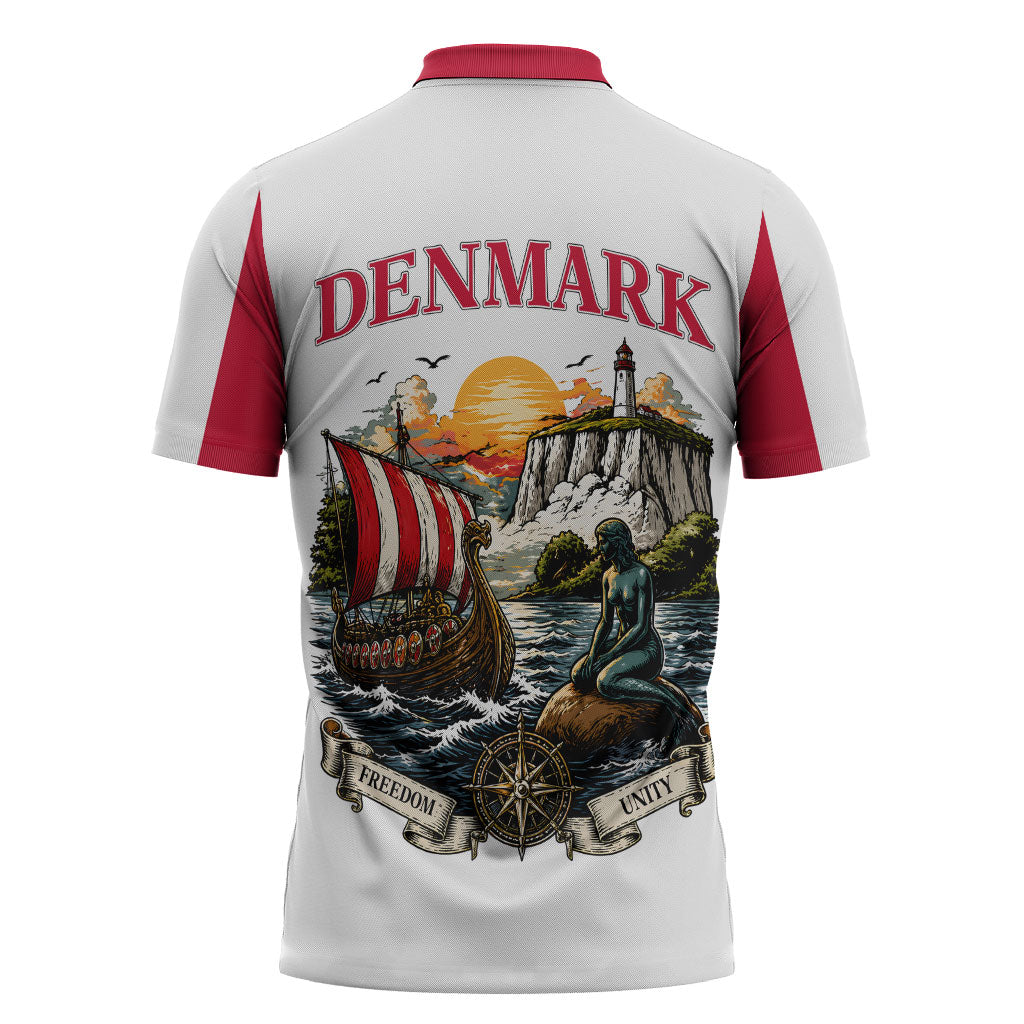 Denmark Kongeriget Heritage Zipper Polo Shirt Vintage Viking Ship And Nyhavn Scenic Illustration