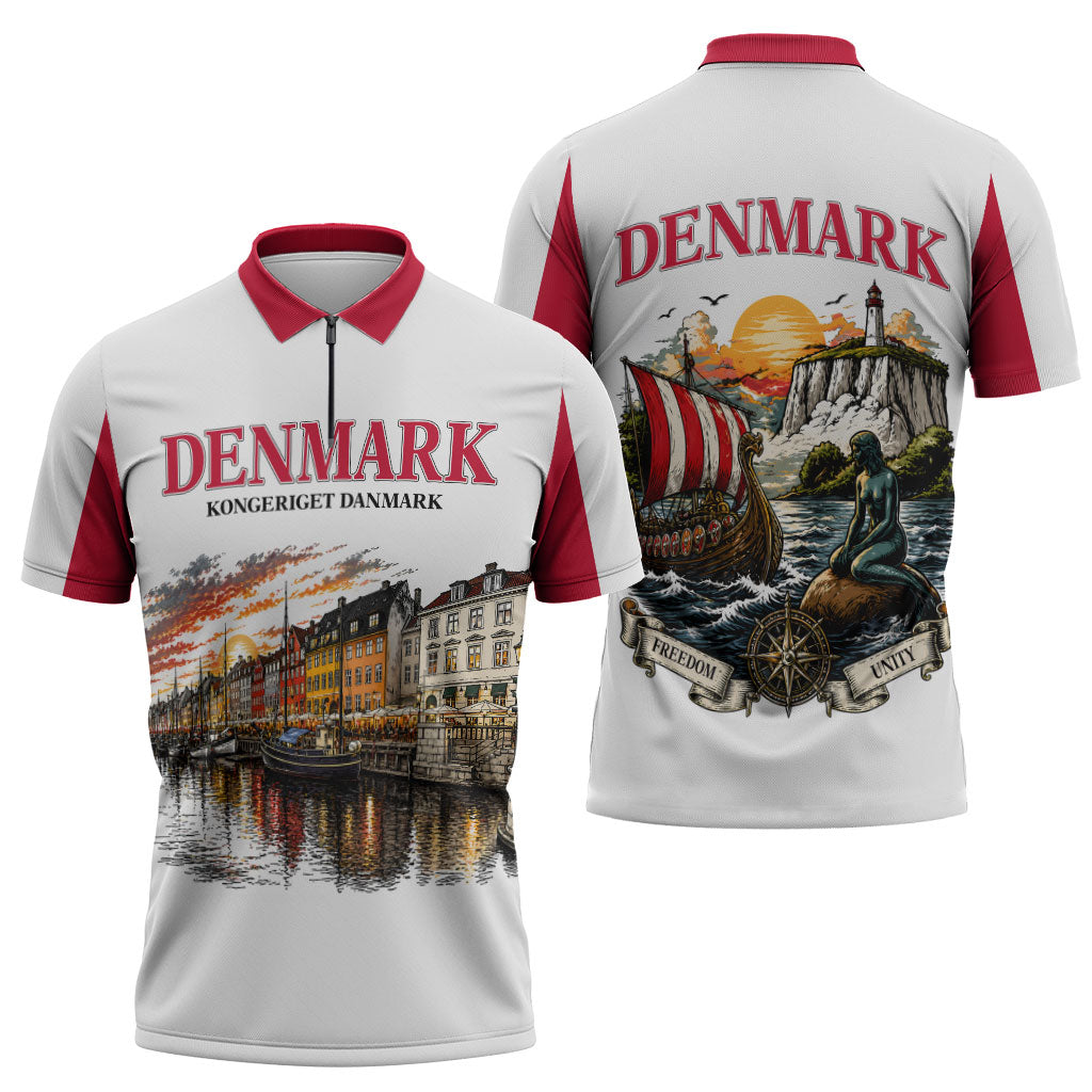 Denmark Kongeriget Heritage Zipper Polo Shirt Vintage Viking Ship And Nyhavn Scenic Illustration