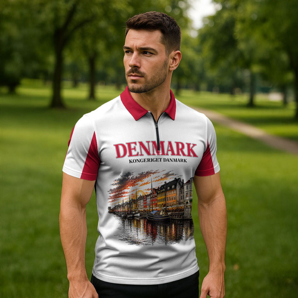 Denmark Kongeriget Heritage Zipper Polo Shirt Vintage Viking Ship And Nyhavn Scenic Illustration
