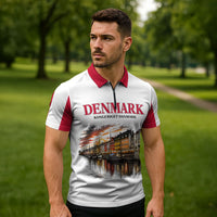 Denmark Kongeriget Heritage Zipper Polo Shirt Vintage Viking Ship And Nyhavn Scenic Illustration