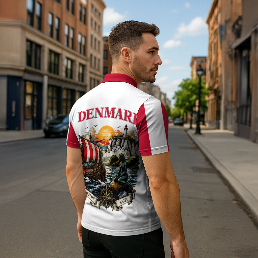 Denmark Kongeriget Heritage Zipper Polo Shirt Vintage Viking Ship And Nyhavn Scenic Illustration