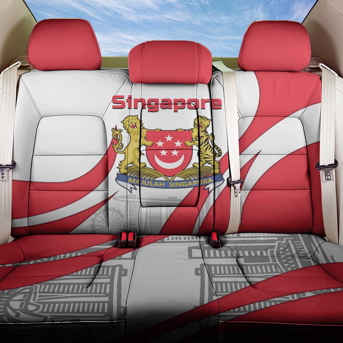 Singapore National Crest Back Car Seat Cover with City Skyline and Lion Design