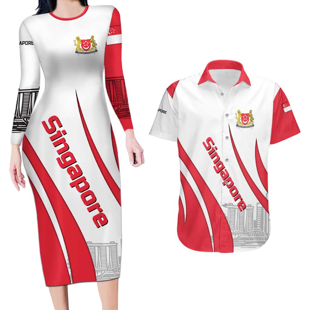 Singapore National Crest Couples Matching Long Sleeve Bodycon Dress and Hawaiian Shirt with City Skyline and Lion Design