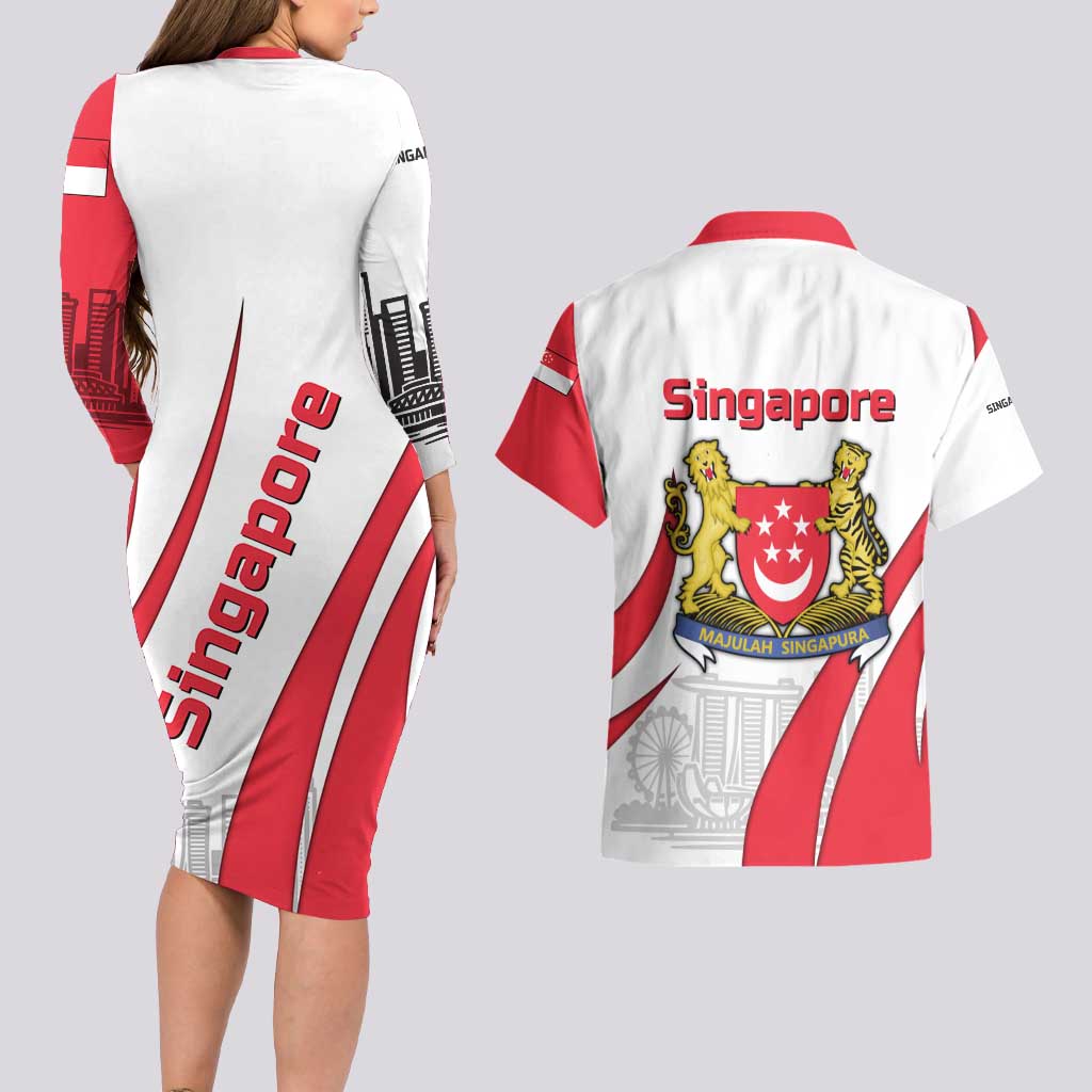 Singapore National Crest Couples Matching Long Sleeve Bodycon Dress and Hawaiian Shirt with City Skyline and Lion Design