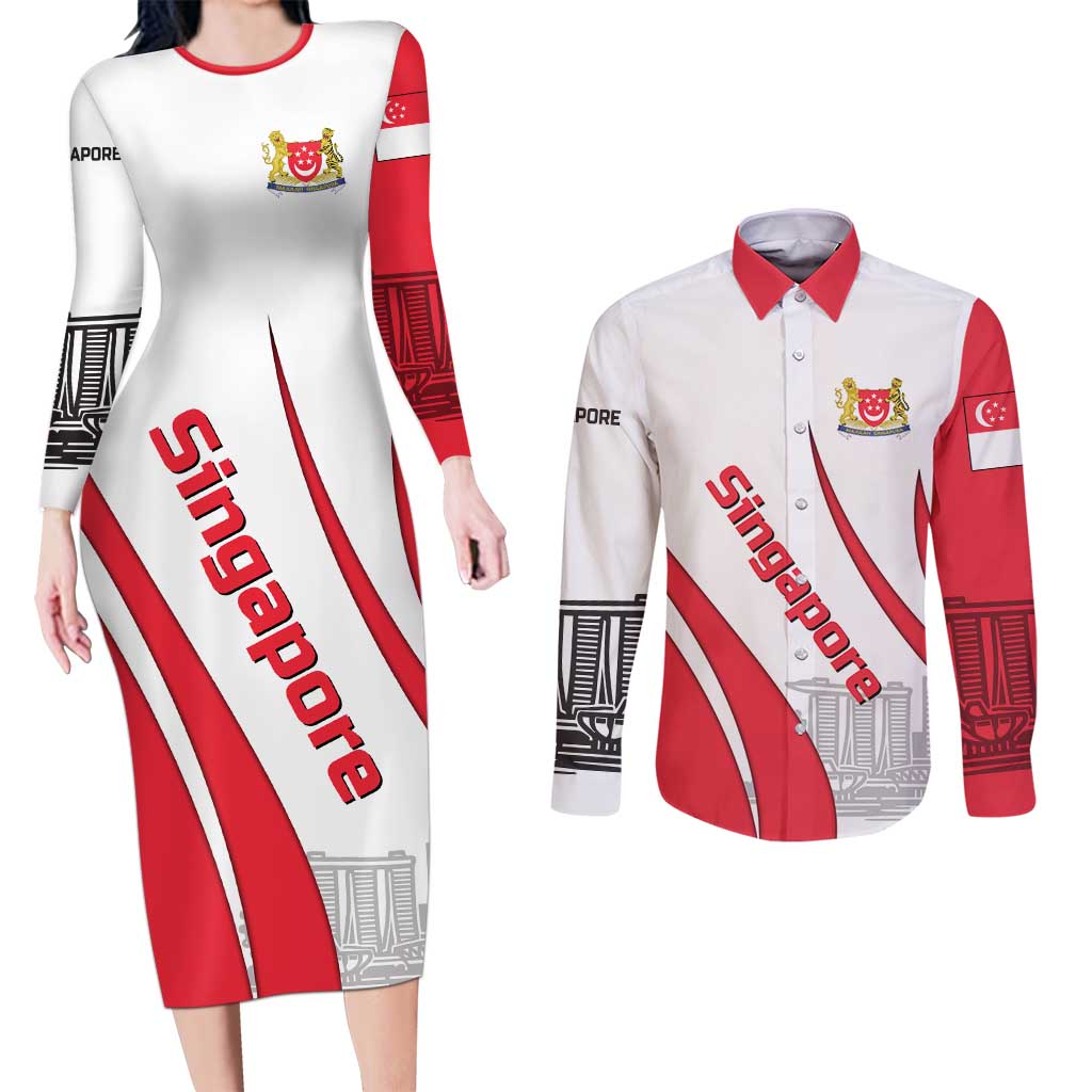 Singapore National Crest Couples Matching Long Sleeve Bodycon Dress and Long Sleeve Button Shirt with City Skyline and Lion Design